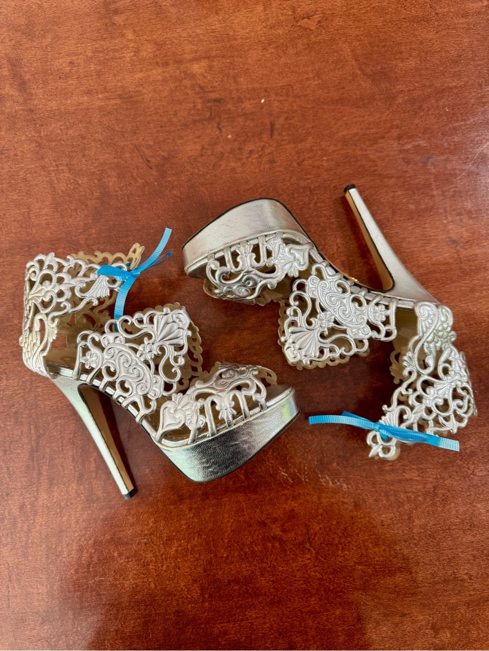 Charlotte Olympia Silver Filigree Platform Stiletto Sandals